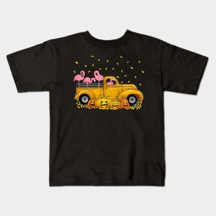 Yellow Car Truck Flamingos And Pumpkins Halloween Kids T-Shirt